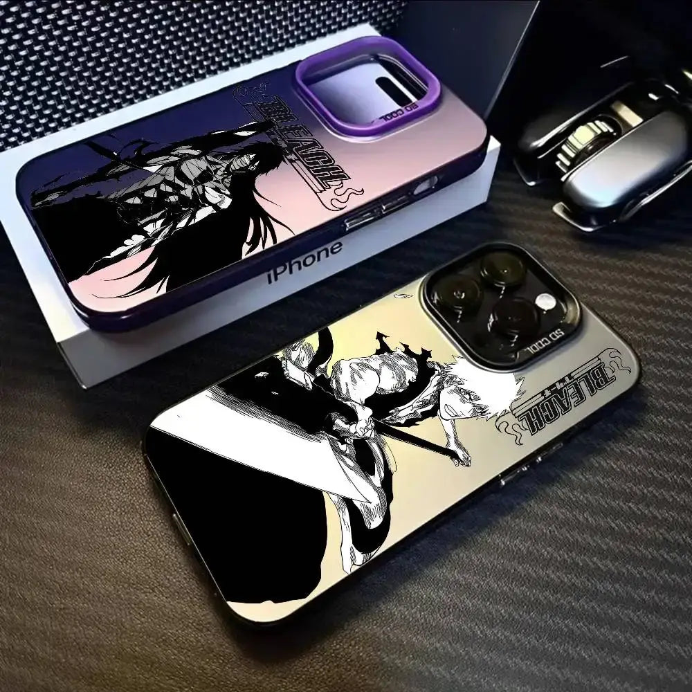 Black and white anime-themed bleach kurosaki phone case with metallic aurora matte finish and dynamic character design