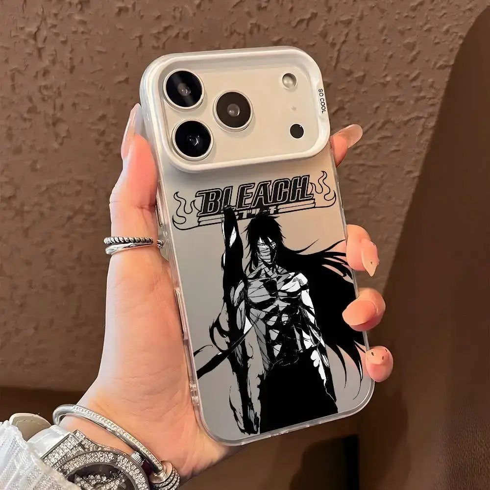 Clear matte metallic aurora phone case showing black and white bleach kurosaki phone illustration with stylized bleach text