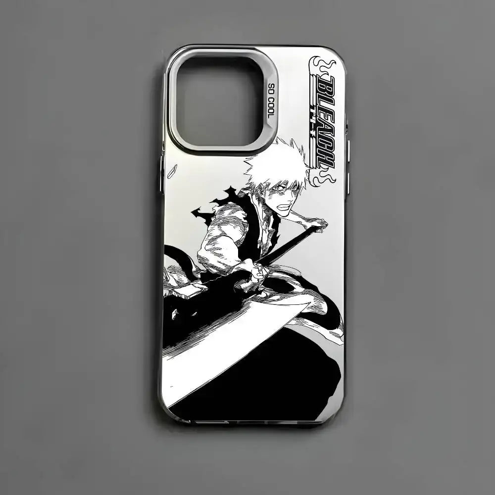 Silver metallic aurora bleach kurosaki phone case showing black and white ichigo kurosaki with sword on back side