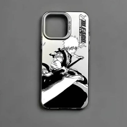 Silver metallic aurora bleach kurosaki phone case showing black and white ichigo kurosaki with sword on back side