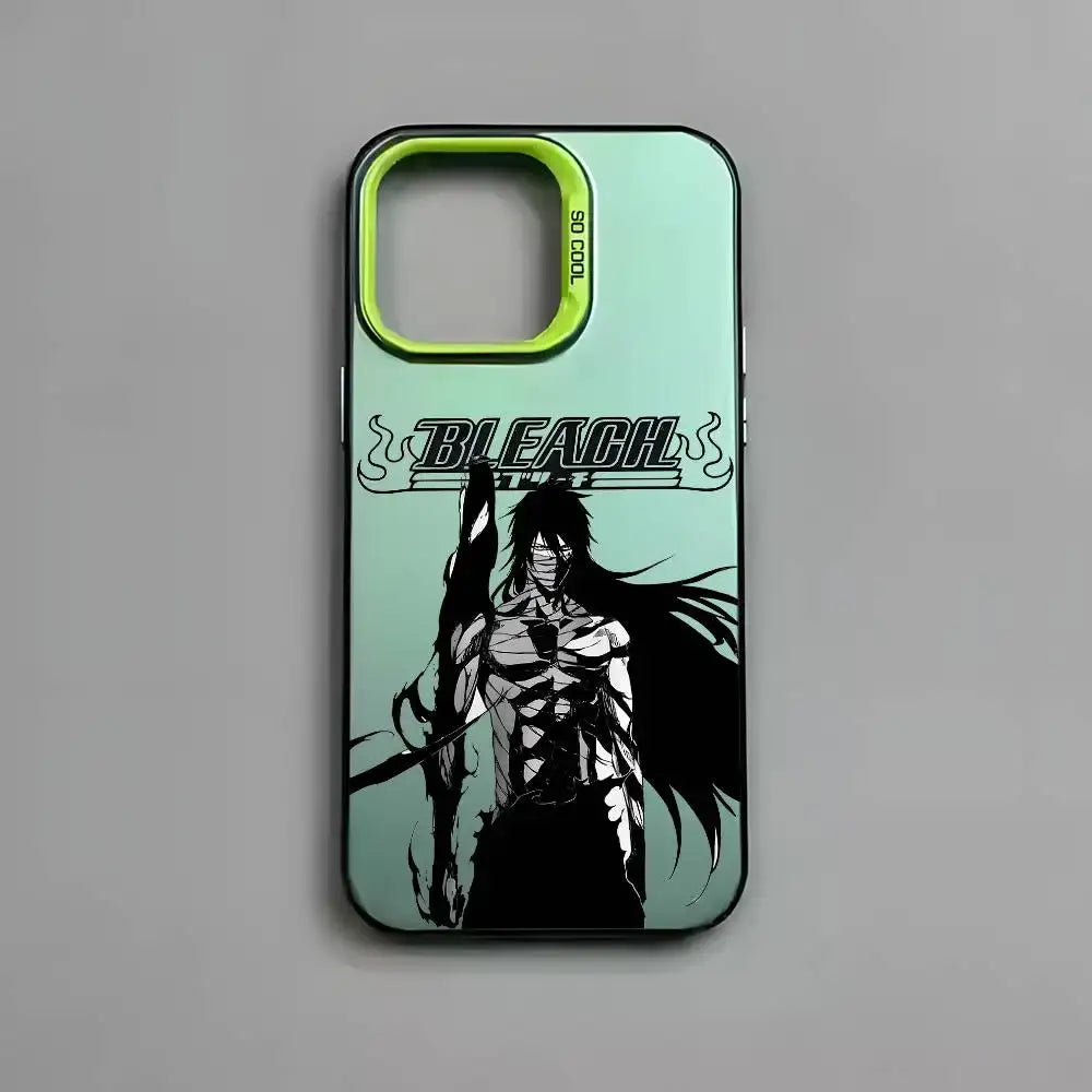Back side of a mint green metallic aurora bleach kurosaki phone case featuring black and white anime character with lime camera cutout