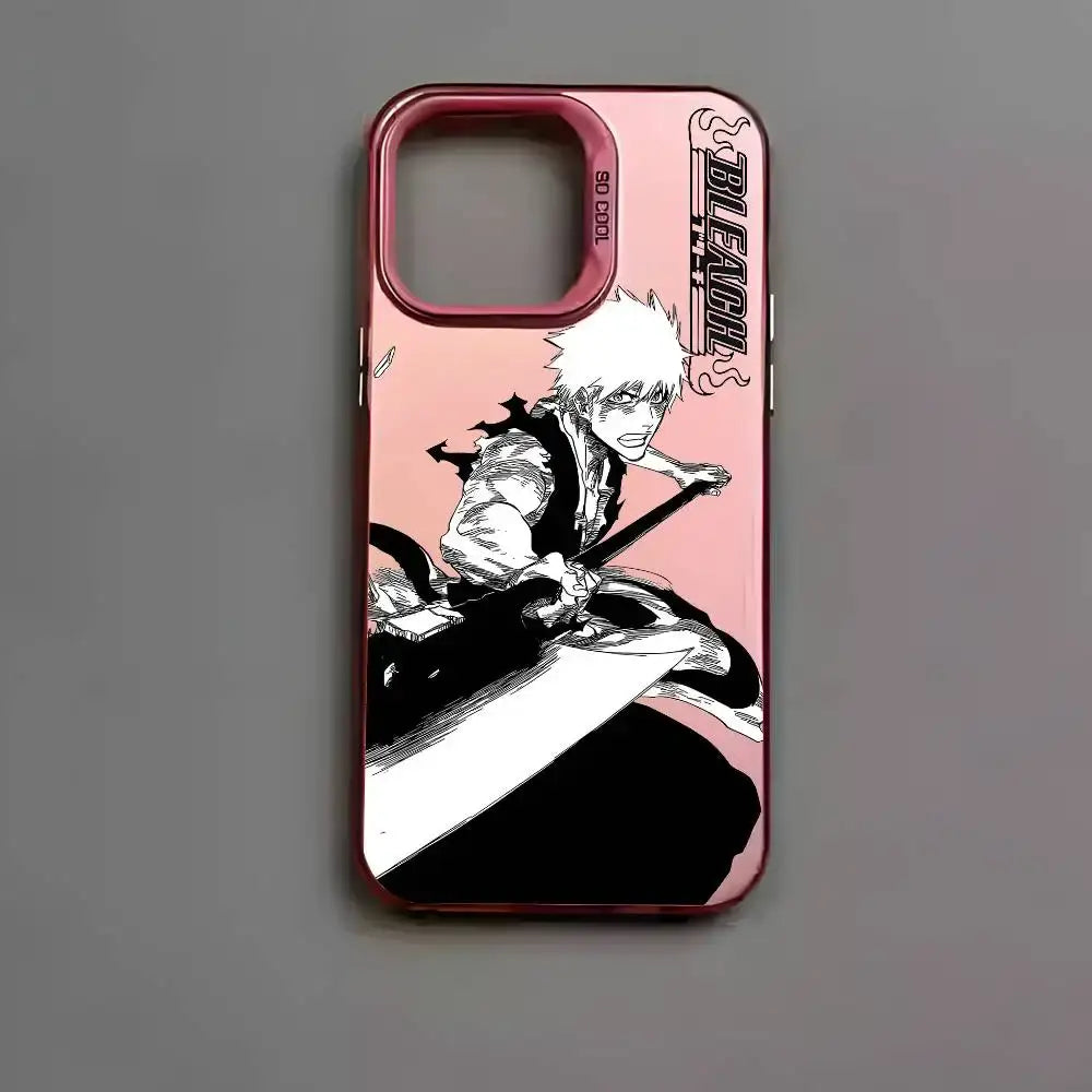 Pink metallic aurora bleach kurosaki phone case with black-and-white ichigo kurosaki illustration on back side