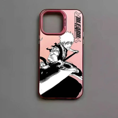 Pink metallic aurora bleach kurosaki phone case with black-and-white ichigo kurosaki illustration on back side