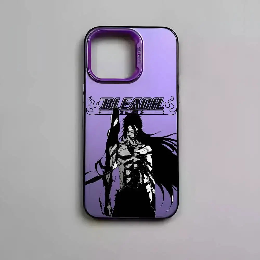 Purple gradient metallic aurora bleach kurosaki phone case featuring black and white anime character on back side