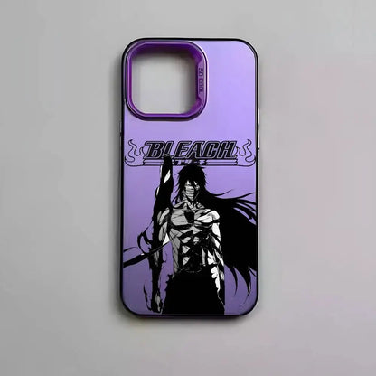 Purple gradient metallic aurora bleach kurosaki phone case featuring black and white anime character on back side