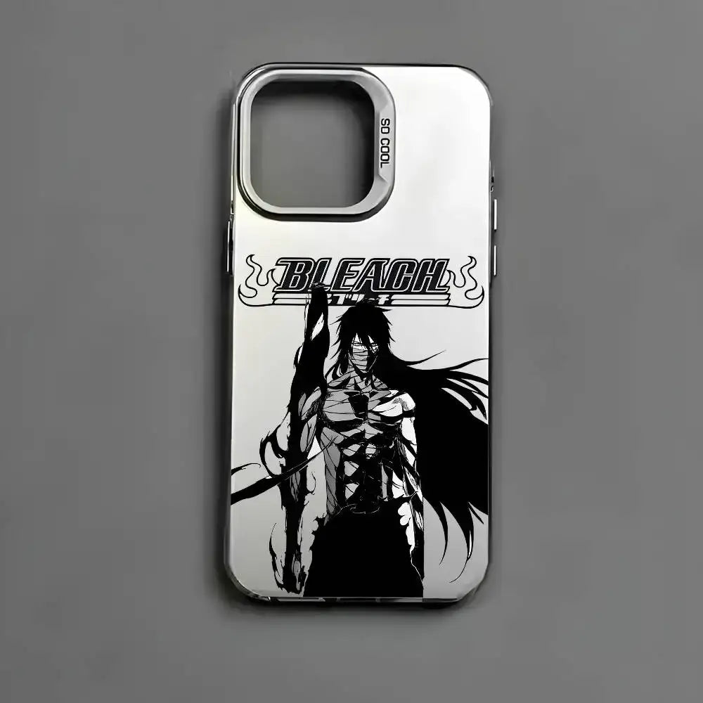Silver metallic aurora bleach kurosaki phone case with black and white ichigo kurosaki illustration on the back side