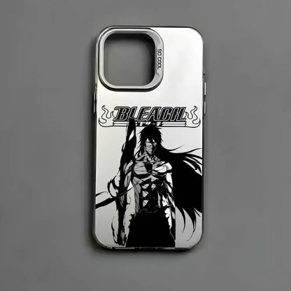 Silver metallic aurora bleach kurosaki phone case with black and white ichigo kurosaki illustration on the back side