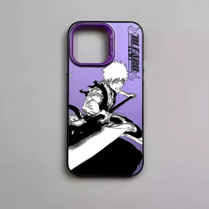 Purple metallic aurora bleach kurosaki phone case with black and white ichigo kurosaki illustration on back side
