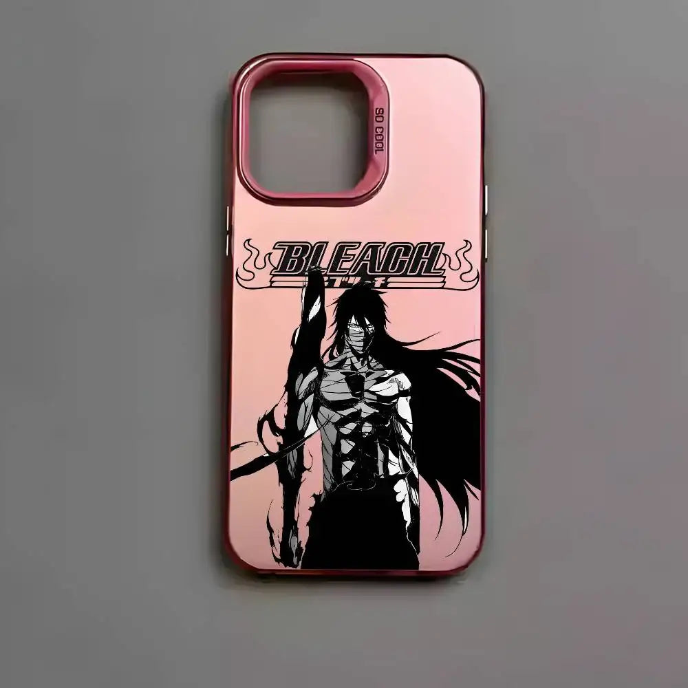 Pink metallic aurora bleach kurosaki phone case featuring black and white anime illustration of ichigo kurosaki on back