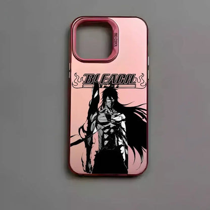 Pink metallic aurora bleach kurosaki phone case featuring black and white anime illustration of ichigo kurosaki on back