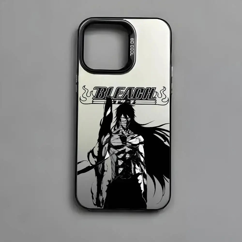 Black and white bleach kurosaki phone case with glossy finish and metallic aurora effect showing back side design