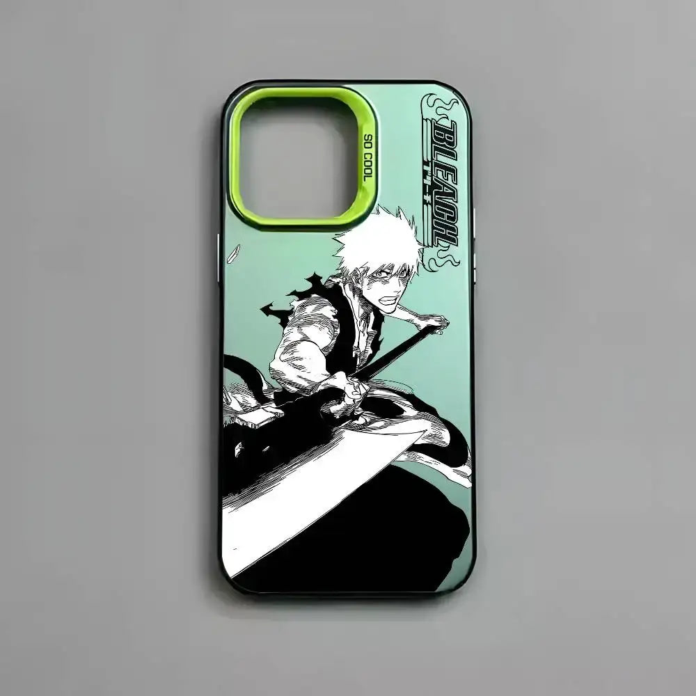 A sleek mint-green bleach kurosaki phone case with a metallic aurora finish featuring ichigo kurosaki holding his sword