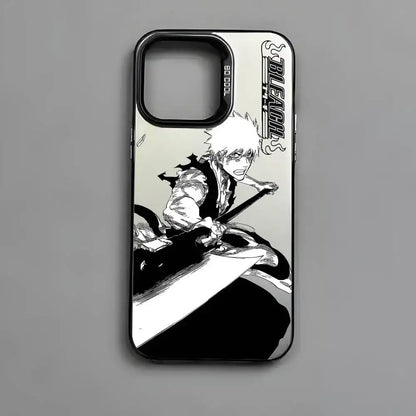 Black and white metallic aurora bleach kurosaki phone case with dynamic ichigo kurosaki illustration and vertical bleach logo