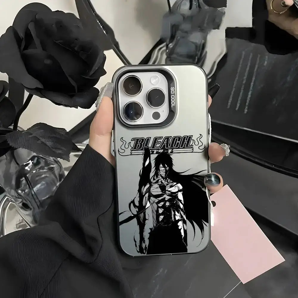 Silver metallic aurora phone case featuring black and white bleach kurosaki anime design on the back side