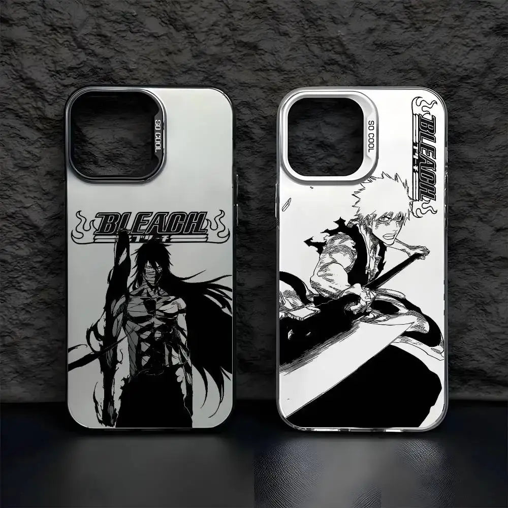 Two black-and-white bleach kurosaki phone cases with stylized lettering in matte metallic aurora finish back side visible