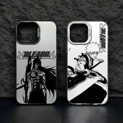 Two black-and-white bleach kurosaki phone cases with stylized lettering in matte metallic aurora finish back side visible
