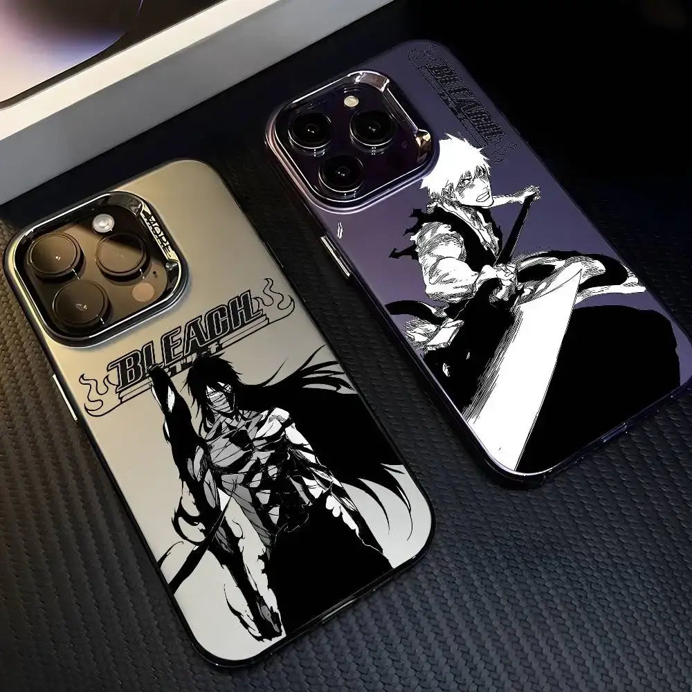 Two bleach kurosaki phone cases with black and white anime art in metallic aurora silver and dark purple matte finish