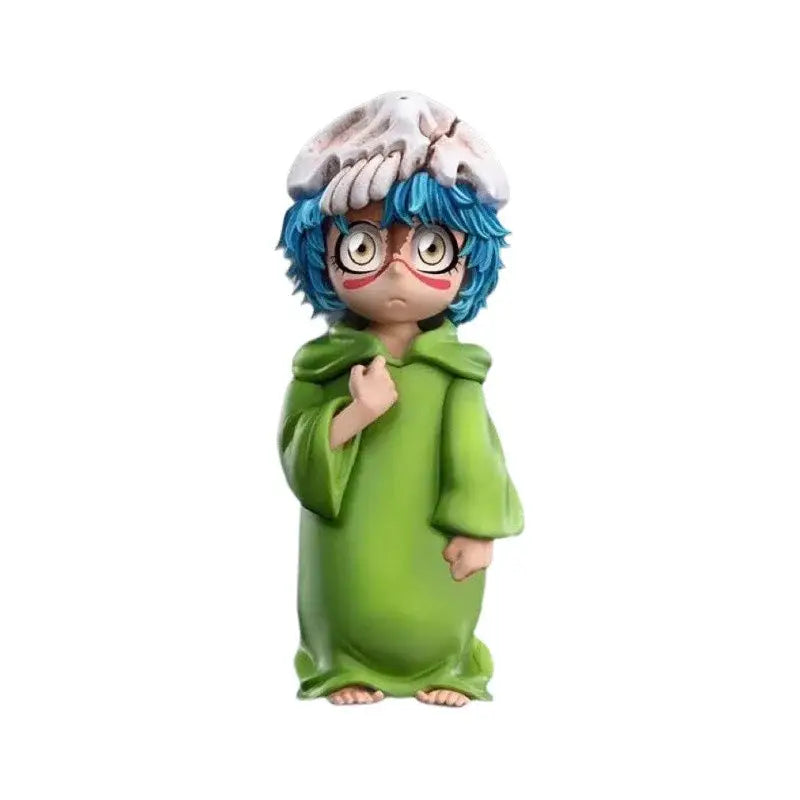 Detailed neliel tu odelschwanck pvc figure with vibrant blue hair, round glasses, green robe, and white skull hat, 6cm tall
