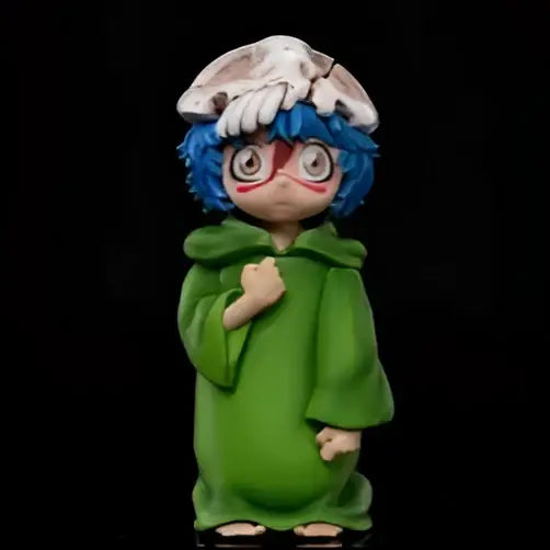 Bleach neliel tu odelschwanck pvc figure 6cm green hooded figure with blue hair wearing glasses and white patterned hat