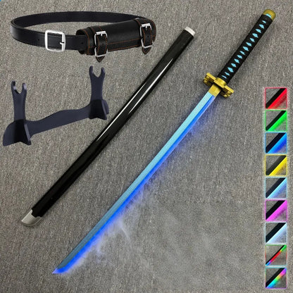 Bleach Rukia katana 40-inch LED glow sword with glowing blue blade, black handle, gold accents, leather belt, and stand