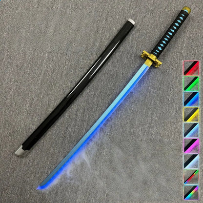 Bleach rukia katana 40-inch led glow sword with black handle gold accents and blue illuminated blade transitioning shades