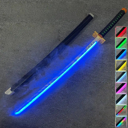 Bleach rukia katana 40-inch sword with blue led glow, black handle, gold accents, and matching sheath displayed