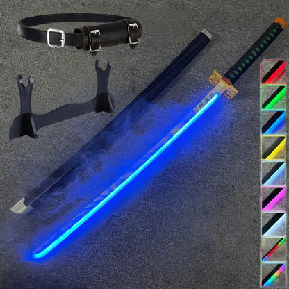 Blue led-lit rukia katana sword with black handle gold guard displayed with sheath and belt for cosplay use