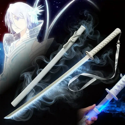 White led-lit rukia katana with textured handle and decorative sheath featuring glowing blue blade light