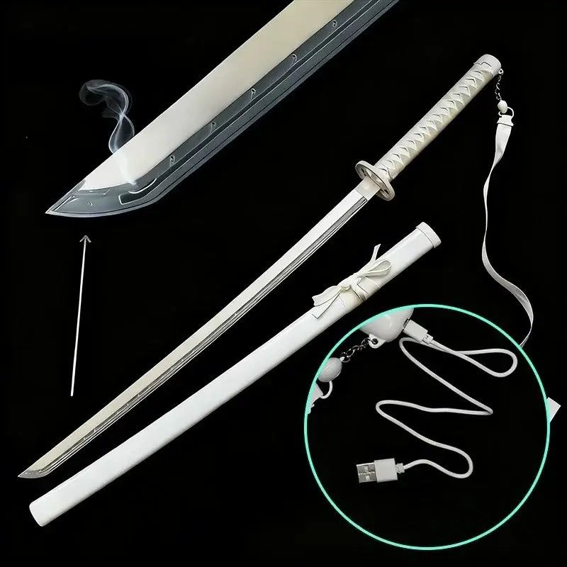 Bleach Rukia katana 40-inch white plastic sword with silver blade, decorative handle, and usb LED charging cable
