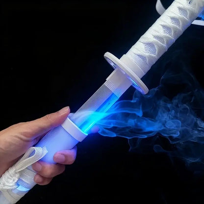 White textured-handled rukia katana 40-inch led sword with glowing blue light and smoke effect