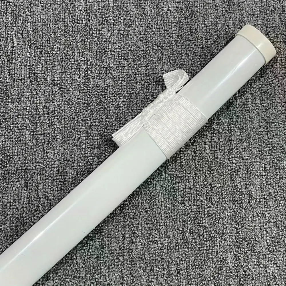 White cylindrical tube with glossy finish and white fabric strap for the bleach rukia white katana 40in Japanese sword