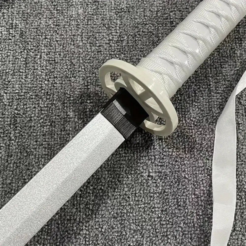 White plastic rukia white katana sword with textured grip and 40in silver blade for cosplay or display