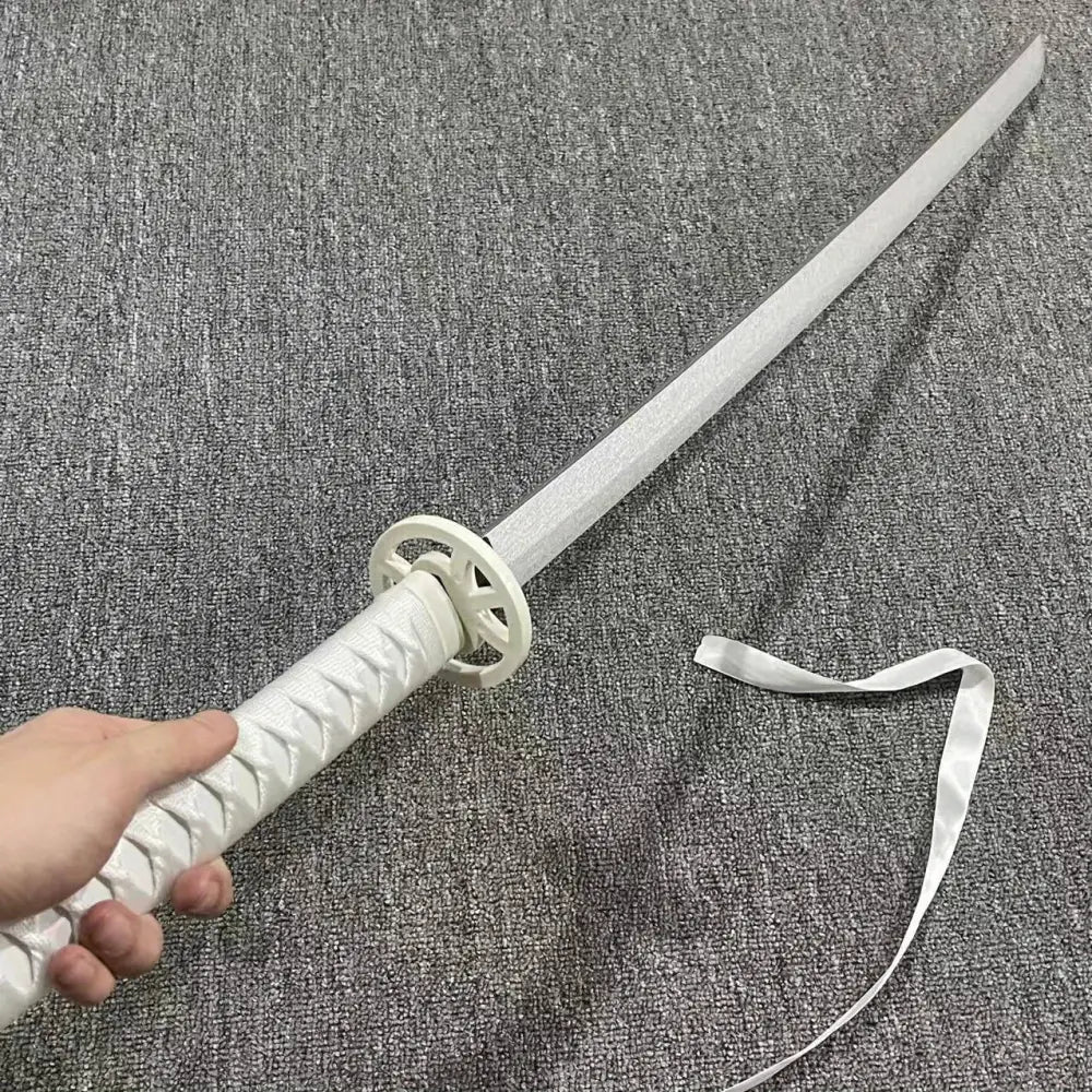 White plastic rukia white katana with textured grip circular guard and matching white ribbon 40 inch Japanese sword
