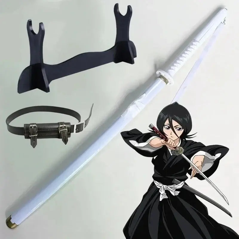 Bleach Rukia katana 40in white sword with black hilt gold accents black stand and matching belt for display and cosplay