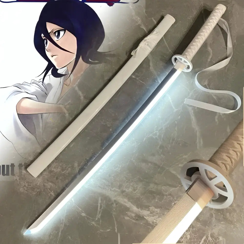 White ceramic bleach rukia katana with glowing led light effect blade and detailed hilt for cosplay katana use