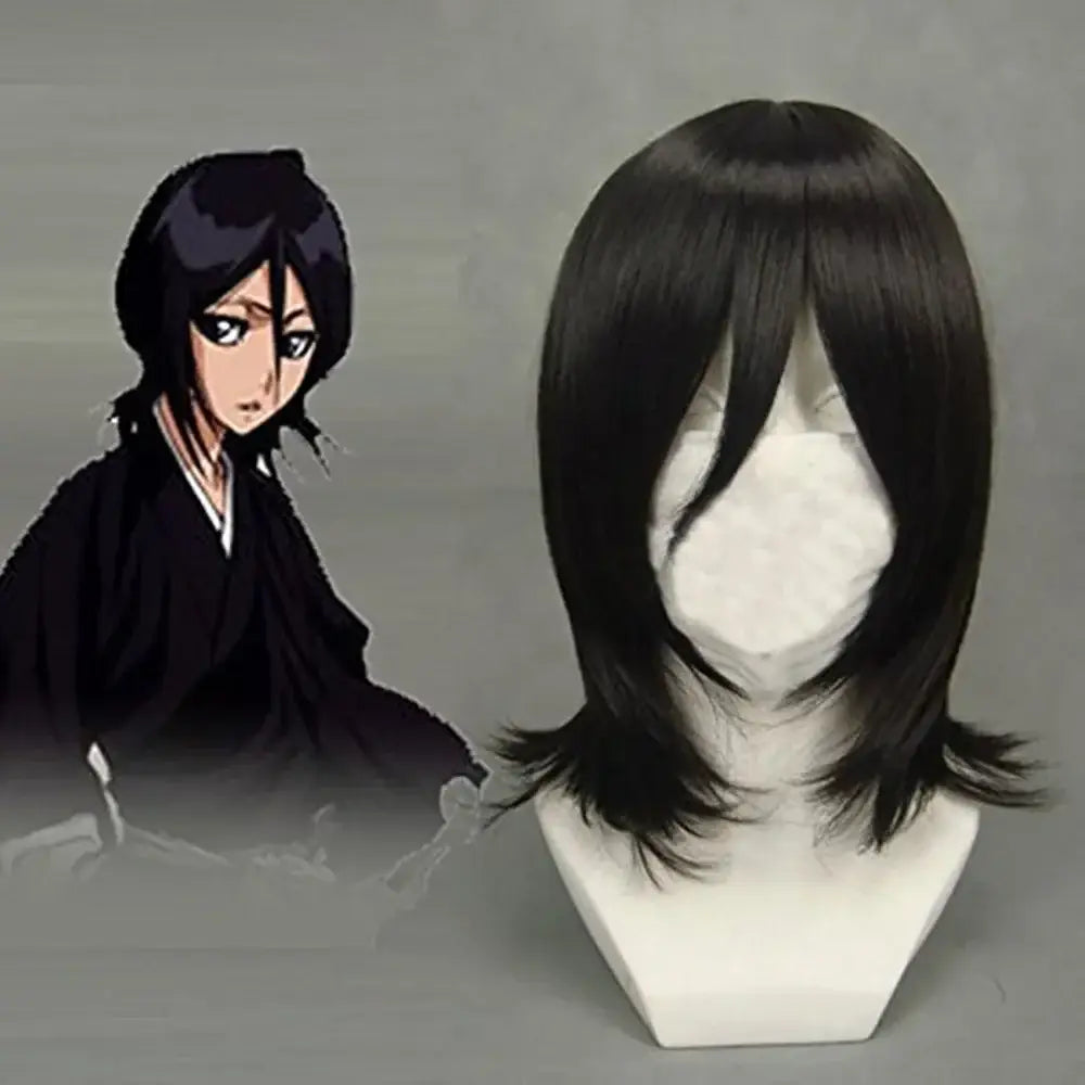 Black synthetic wig with straight shoulder-length hair and bangs for rukia kuchiki kimono uniform cosplay set
