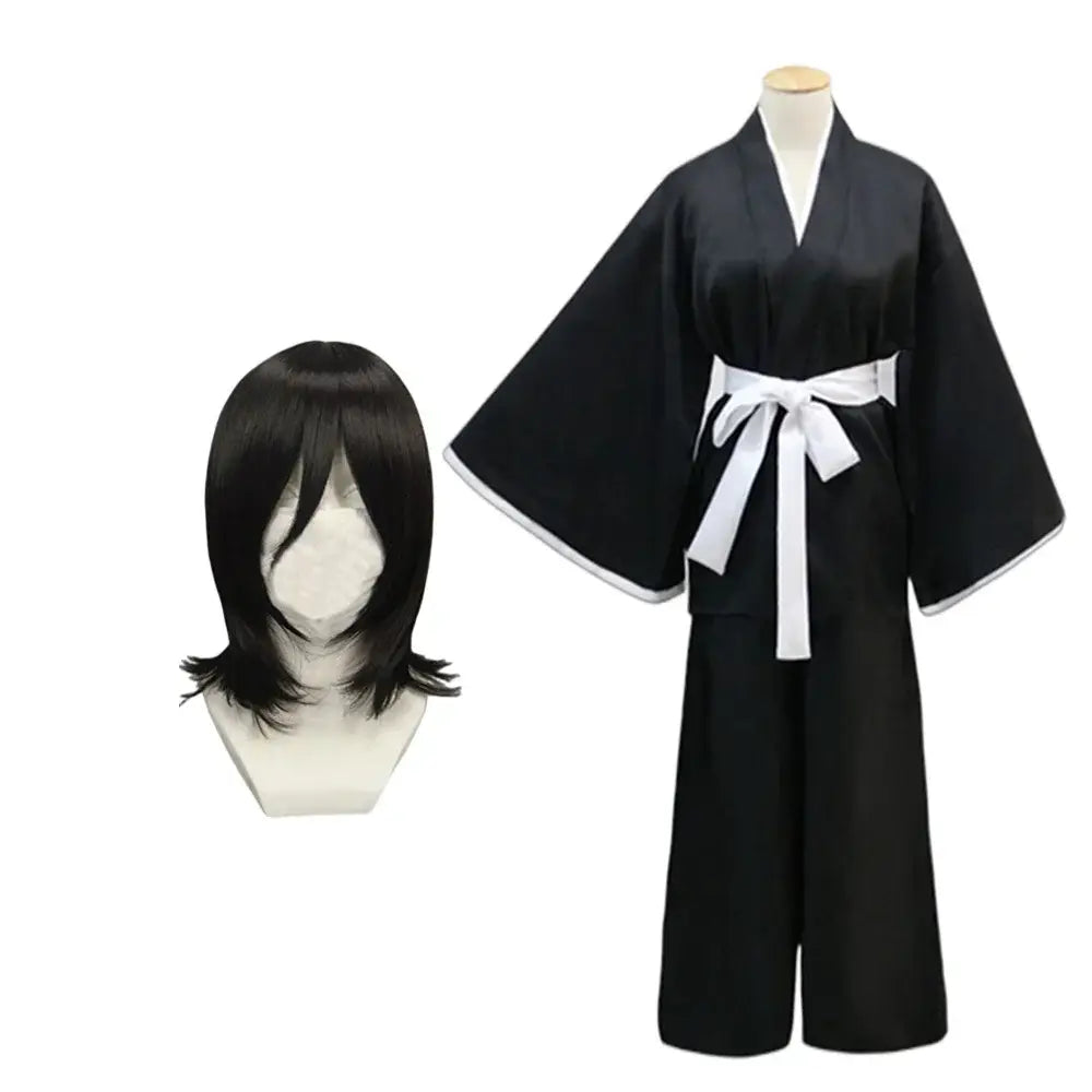 Black rukia kuchiki kimono uniform set with white sash and trim paired with matching black wig for cosplay use