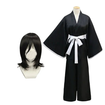 Black rukia kuchiki kimono uniform set with white sash and trim paired with matching black wig for cosplay use