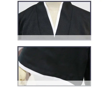 Black fabric top with white inner lining and v-neck design for rukia kuchiki kimono uniform cosplay set