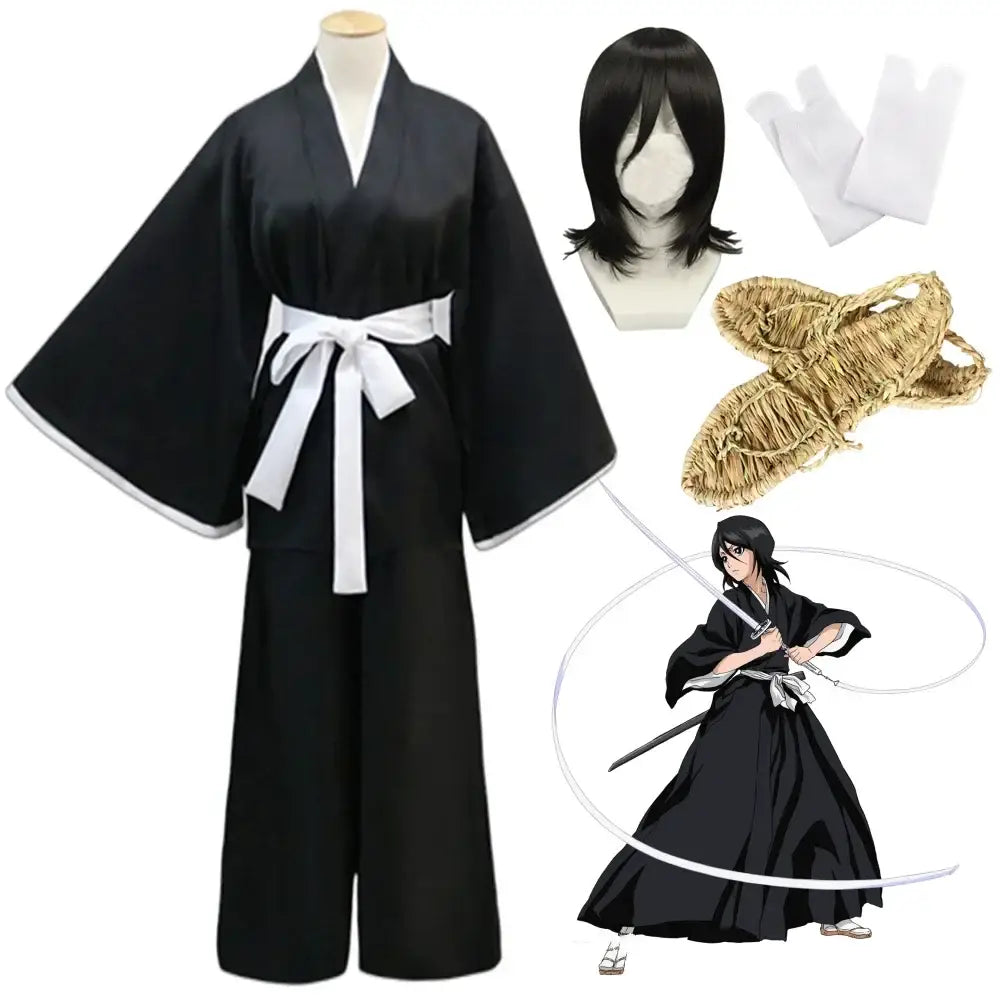 Black rukia kuchiki cosplay kimono uniform with wide sleeves v-neckline and white obi belt and trim