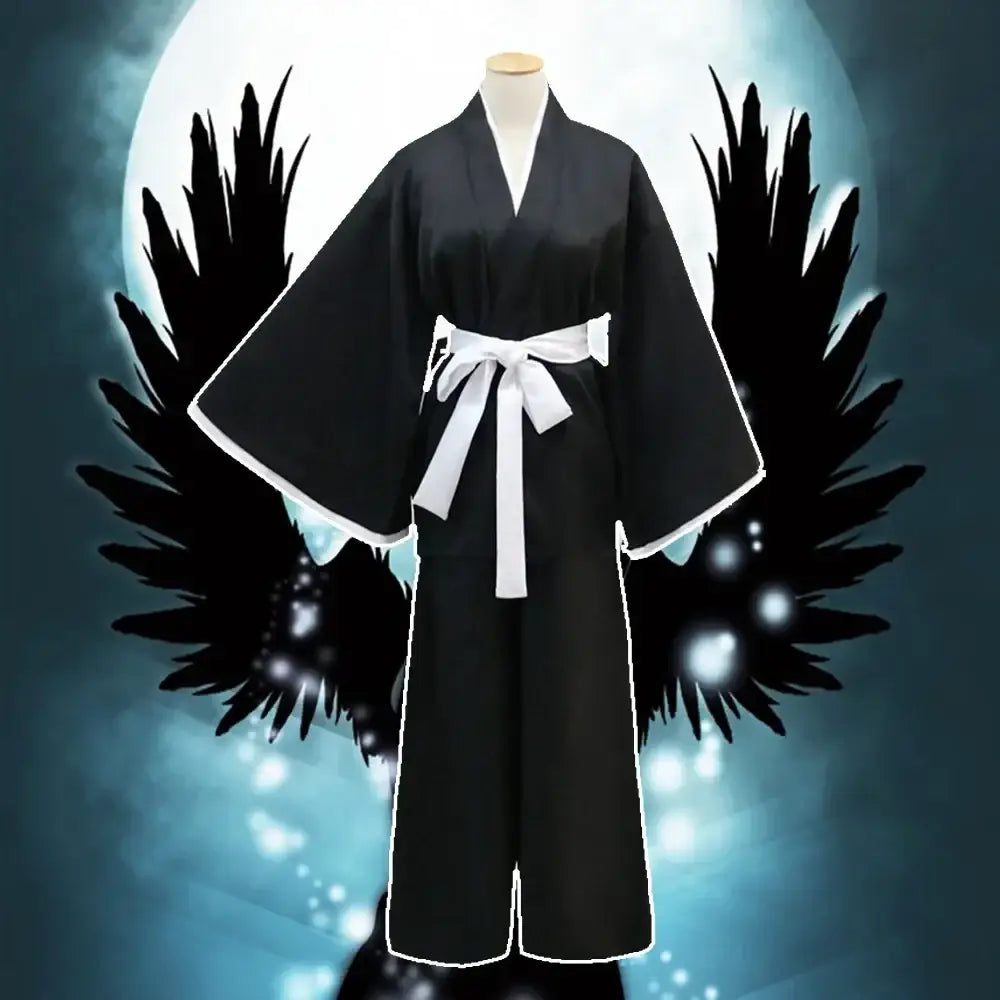 Black kimono uniform with wide sleeves and white trim tied with white sash for rukia kuchiki cosplay set