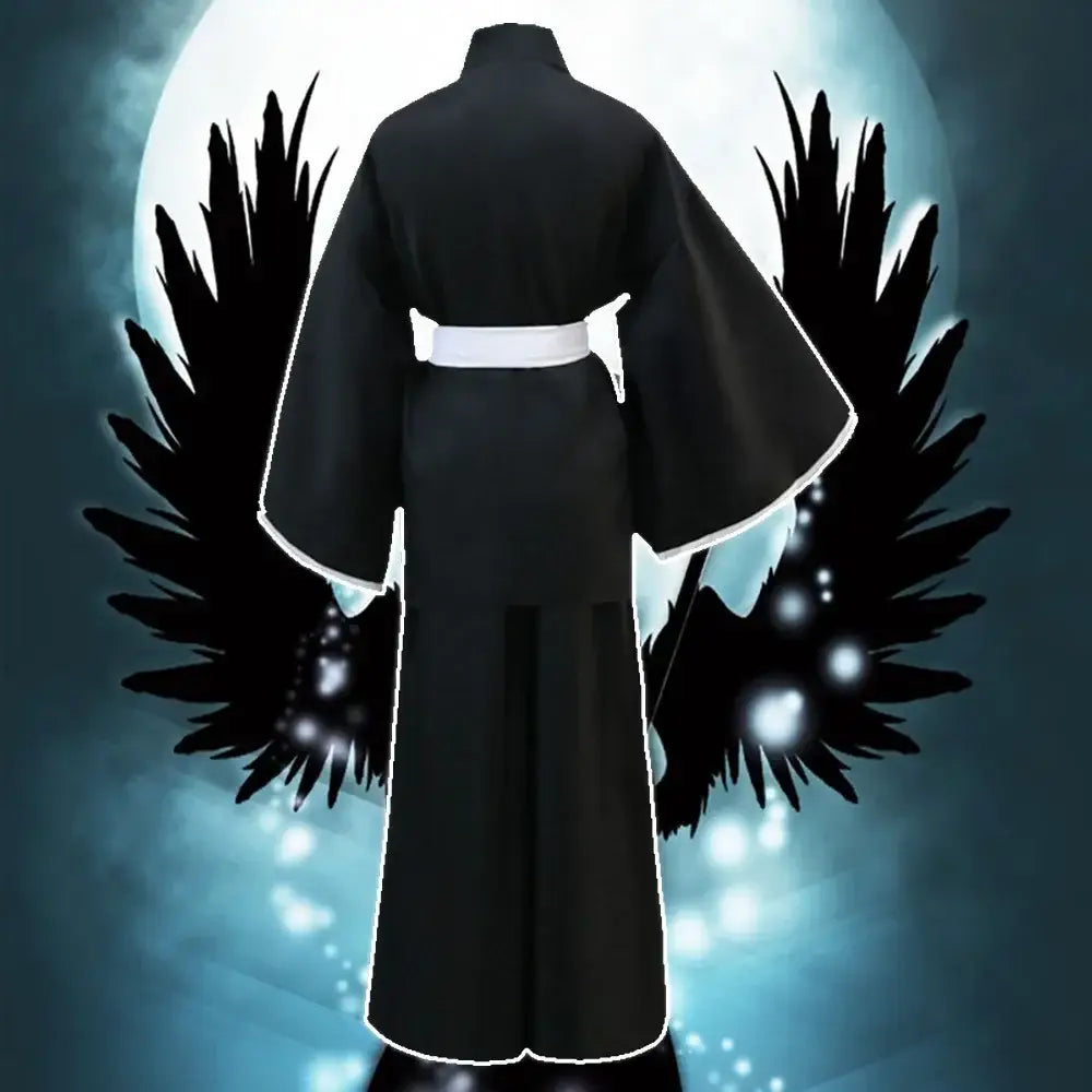 Black kimono uniform with white trim and belt wide sleeves high collar for rukia kuchiki cosplay set
