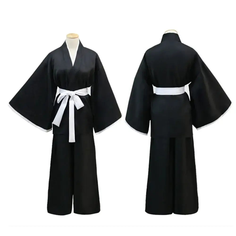 Black rukia kuchiki kimono uniform with wide sleeves and white obi belt for bleach cosplay set