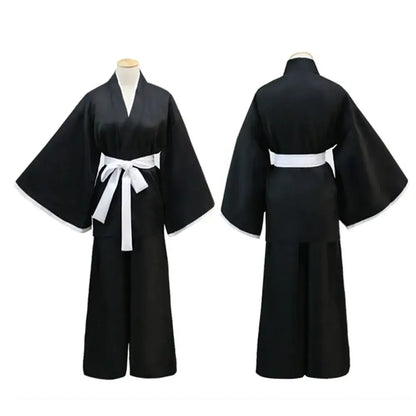Black rukia kuchiki kimono uniform with wide sleeves and white obi belt for bleach cosplay set