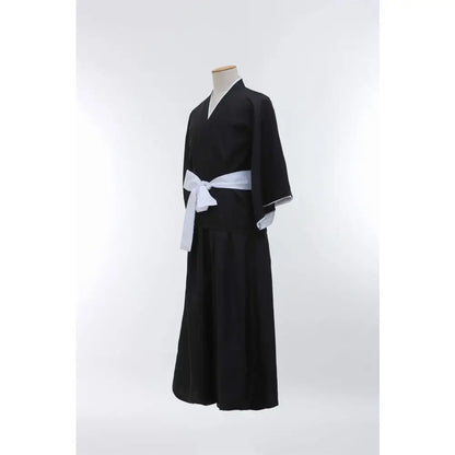 Black traditional japanese kimono with white obi belt and trim for rukia shinigami cosplay anime costume set