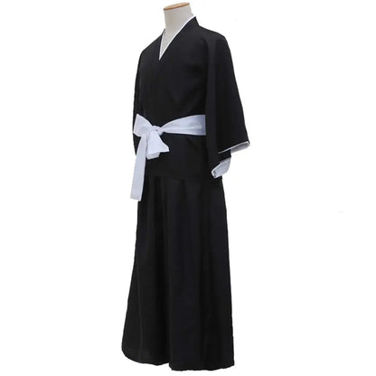 Black traditional japanese kimono with white obi belt and subtle lining for rukia shinigami cosplay costume set