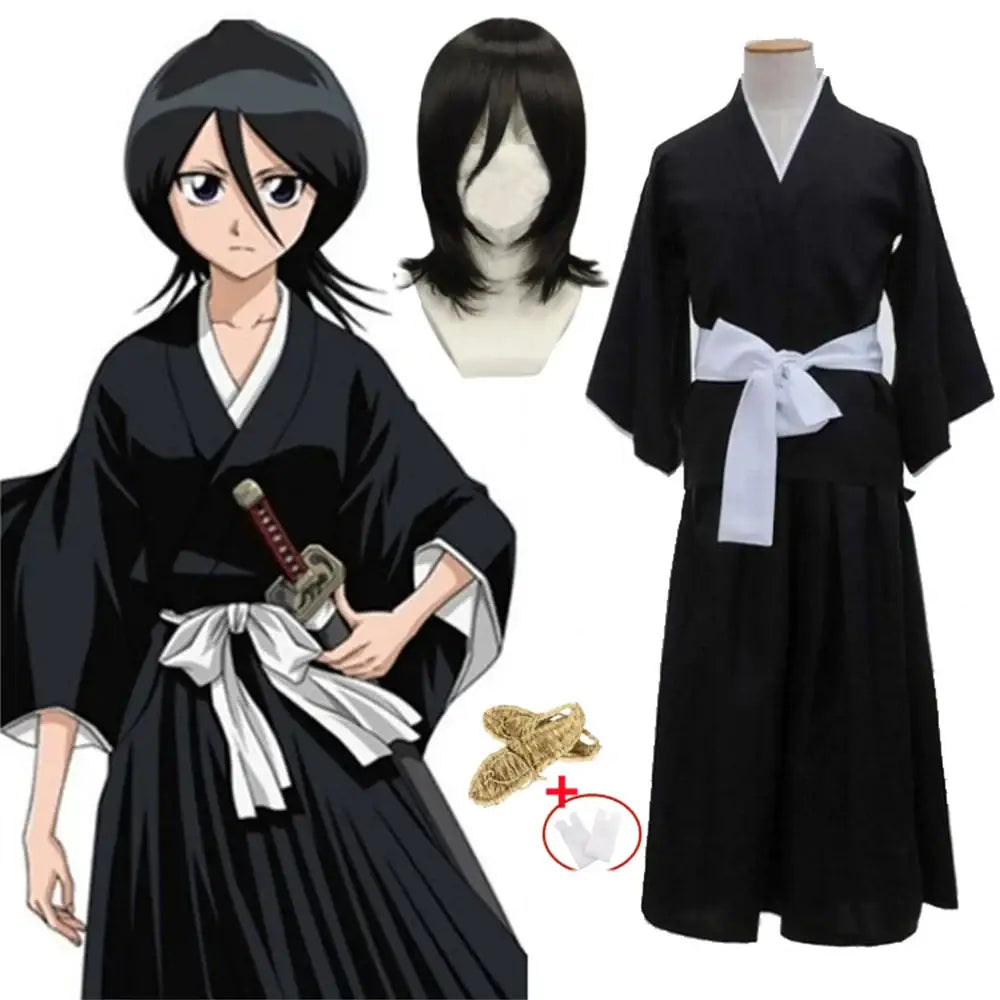 Black kimono-style rukia shinigami cosplay outfit with white obi belt black wig and sword accessory for shinigami cosplay