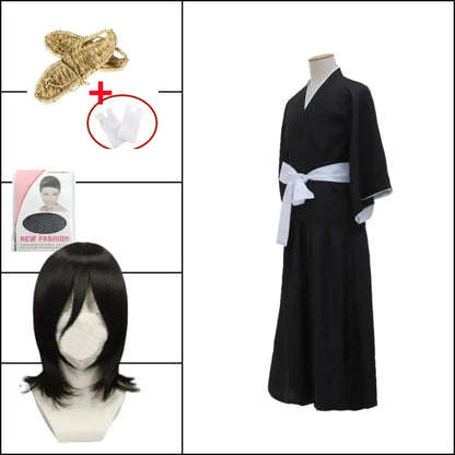 Black kimono-style rukia shinigami cosplay outfit with white obi belt and matching cuffs for shinigami cosplay use
