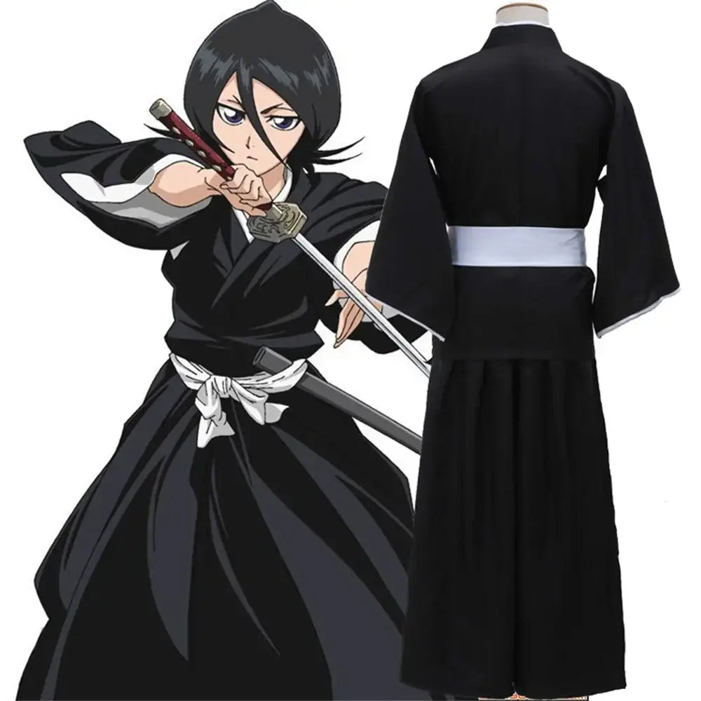 Black kimono with white obi and trim in rukia shinigami cosplay wig set for shinigami cosplay costume