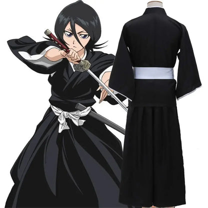 Black kimono with white obi and trim in rukia shinigami cosplay wig set for shinigami cosplay costume